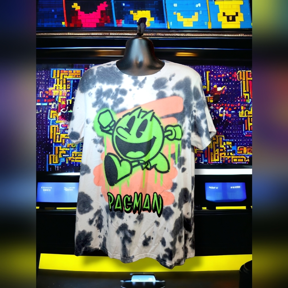 EUC Pac-Man T-Shirt Men's XL Graffiti Spray Paint Tie Dye White Black Green Tee